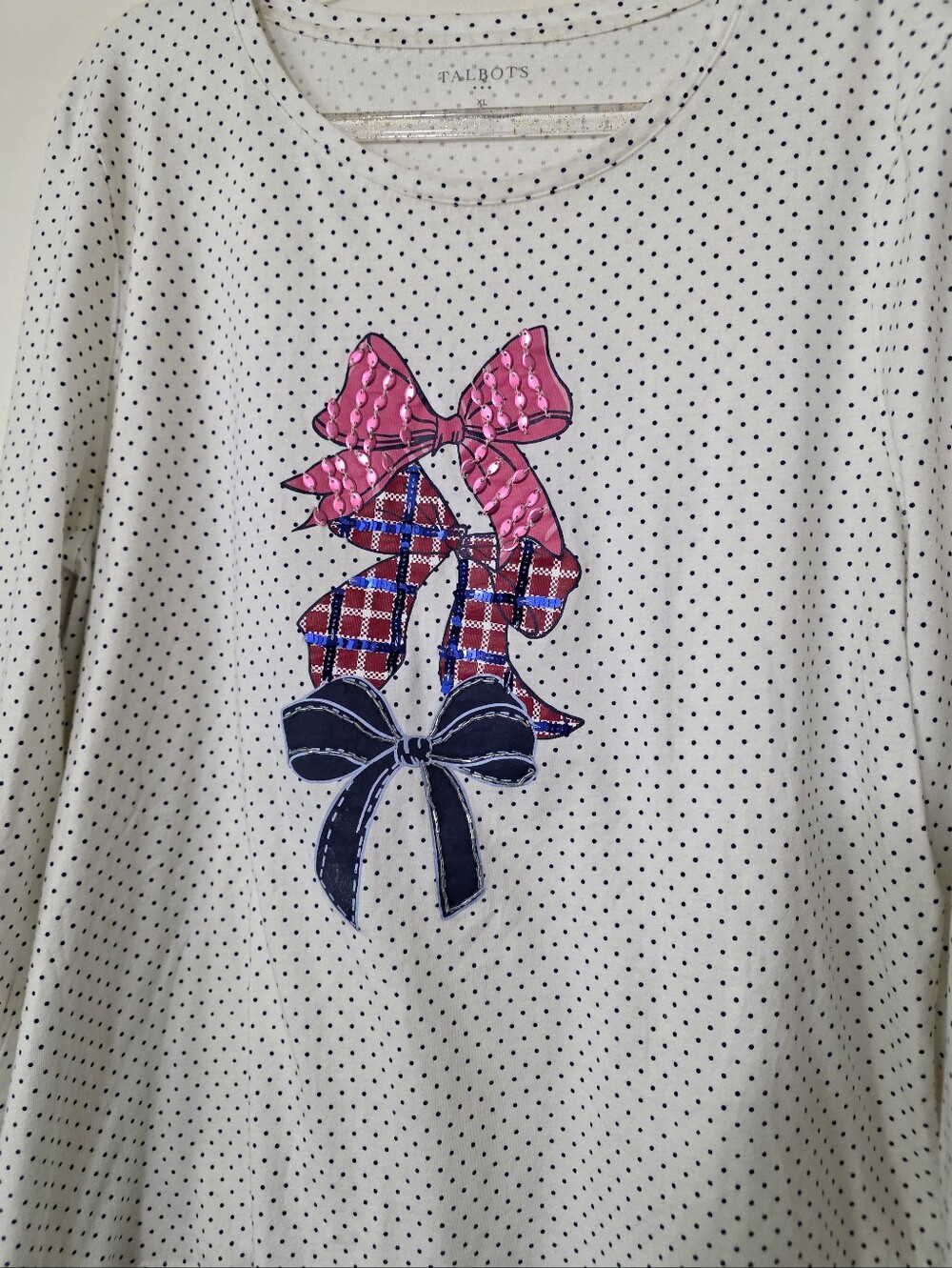 Talbots Polka Dot Cotton Top 3 Stacked Bows Sequins Coquette Feminine Preppy XL